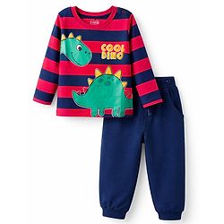 Babyhug Single Jersey Knit Full Sleeves Striped T-Shirt & Lounge Pant Set with Dino Graphic - Navy Blue & Red