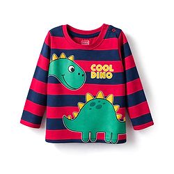 Babyhug Single Jersey Knit Full Sleeves Striped T-Shirt & Lounge Pant Set with Dino Graphic - Navy Blue & Red