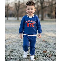 Babyhug Terry Knit Full Sleeves T-Shirt & Lounge Pant Set with Athletic Embroidery - Navy Blue