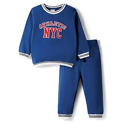 Babyhug Terry Knit Full Sleeves T-Shirt & Lounge Pant Set with Athletic Embroidery - Navy Blue