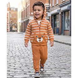 Babyhug Terry Knit Full Sleeves Striped Hooded T-Shirt & Lounge Pant Set with Inner T-Shirt - Brown