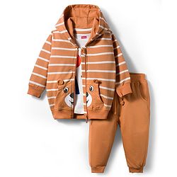 Babyhug Terry Knit Full Sleeves Striped Hooded T-Shirt & Lounge Pant Set with Inner T-Shirt - Brown
