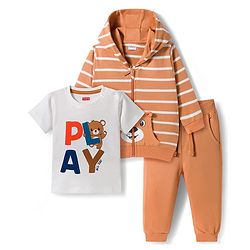 Babyhug Terry Knit Full Sleeves Striped Hooded T-Shirt & Lounge Pant Set with Inner T-Shirt - Brown