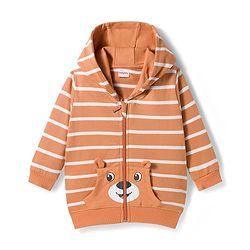 Babyhug Terry Knit Full Sleeves Striped Hooded T-Shirt & Lounge Pant Set with Inner T-Shirt - Brown