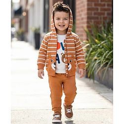 Babyhug Terry Knit Full Sleeves Striped Hooded T-Shirt & Lounge Pant Set with Inner T-Shirt - Brown