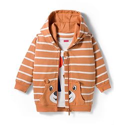 Babyhug Terry Knit Full Sleeves Striped Hooded T-Shirt & Lounge Pant Set with Inner T-Shirt - Brown