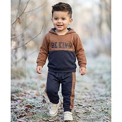 Babyhug Single Jersey Knit Full Sleeves Hooded T-Shirt & Lounge Pant Set With Be Kind Print - Navy Blue