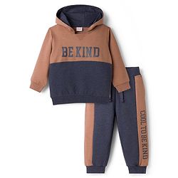 Babyhug Single Jersey Knit Full Sleeves Hooded T-Shirt & Lounge Pant Set With Be Kind Print - Navy Blue