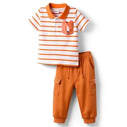 Babyhug Single Jersey Knit Half Sleeves Striped Polo T-Shirt & Lounge Pant Set - Orange & White