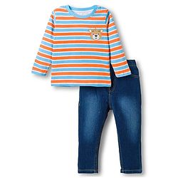 Babyhug Single Jersey Knit Full Sleeves Striped T-Shirt & Denim Jeans Set With Bear Print - Multicolor