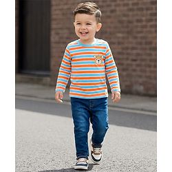 Babyhug Single Jersey Knit Full Sleeves Striped T-Shirt & Denim Jeans Set With Bear Print - Multicolor