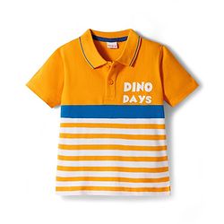 Babyhug Single Jersey Knit Half Sleeves Striped Polo T-Shirt & Jeans Set with Dino Days Print - Navy Blue