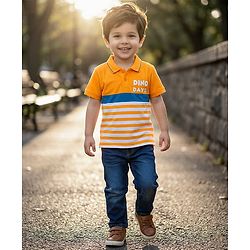 Babyhug Single Jersey Knit Half Sleeves Striped Polo T-Shirt & Jeans Set with Dino Days Print - Navy Blue