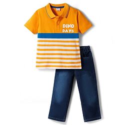 Babyhug Single Jersey Knit Half Sleeves Striped Polo T-Shirt & Jeans Set with Dino Days Print - Navy Blue