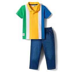 Babyhug Single Jersey Knit Half Sleeves Cut & Sew Polo T-Shirt & Jeans Set - Multicolor