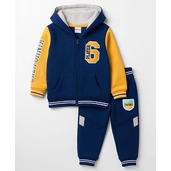Babyhug Terry Knit Full Sleeves Hooded T-Shirt & Lounge Pant Set with Patch Detailing - Navy Blue