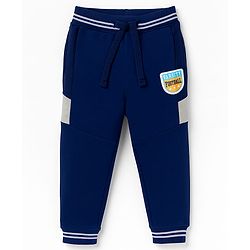Babyhug Terry Knit Full Sleeves Hooded T-Shirt & Lounge Pant Set with Patch Detailing - Navy Blue