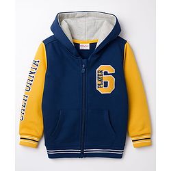Babyhug Terry Knit Full Sleeves Hooded T-Shirt & Lounge Pant Set with Patch Detailing - Navy Blue