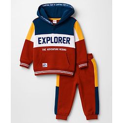 Babyhug Terry Knit Full Sleeves Hooded Cut & Sew T-Shirt & Lounge Pant Set with Text Print - Multicolor