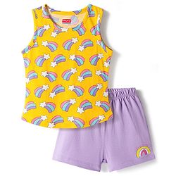 Babyhug 100% Cotton Knit Sleeveless Sando & Shorts Set with Rainbow Print - Yellow & Lavender