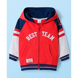 Babyhug Terry Knit Full Raglan Sleeves Hooded Cut & Sew T-Shirt & Lounge Pant Set with Text Patch Detailing - Multicolor