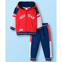 Babyhug Terry Knit Full Raglan Sleeves Hooded Cut & Sew T-Shirt & Lounge Pant Set with Text Patch Detailing - Multicolor