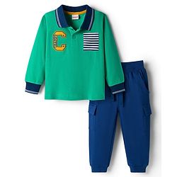 Babyhug Single Jersey Knit Full Sleeves T-Shirt & Lounge Pant Set Alphabet Patch & Striped Front Pocket - Green & Navy Blue