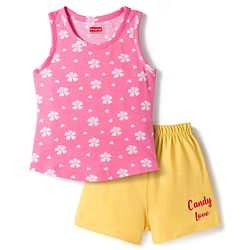 Babyhug 100% Cotton Knit Sleeveless Sando & Shorts Set with Rainbow Print - Yellow & Pink