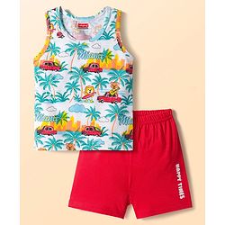 Babyhug 100% Cotton Knit Sleeveless Sando & Shorts Set with Beach Theme Print - White & Red