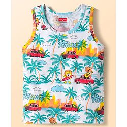 Babyhug 100% Cotton Knit Sleeveless Sando & Shorts Set with Beach Theme Print - White & Red