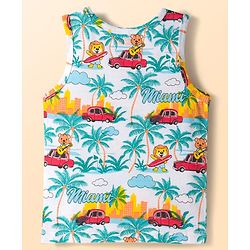 Babyhug 100% Cotton Knit Sleeveless Sando & Shorts Set with Beach Theme Print - White & Red