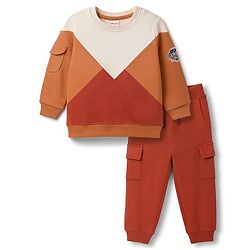 Babyhug Terry Knit Full Sleeves Cut & Sew T-Shirt & Lounge Pant Set with Patch Detailing - Multicolor