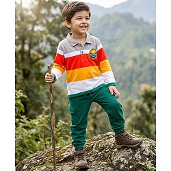 Babyhug Single Jersey Knit Full Sleeves Striped Polo T-Shirt & Lounge Pant Set With Adventure Time Print - Multicolor