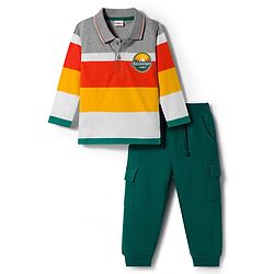 Babyhug Single Jersey Knit Full Sleeves Striped Polo T-Shirt & Lounge Pant Set With Adventure Time Print - Multicolor