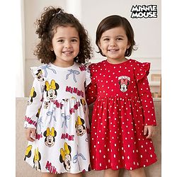 Babyhug Disney Single Jersey Knit Full Frill Sleeves Frock with Minnie Mouse Graphic Pack of 2 - Red & White