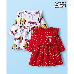 Babyhug Disney Single Jersey Knit Full Frill Sleeves Frock with Minnie Mouse Graphic Pack of 2 - Red & White