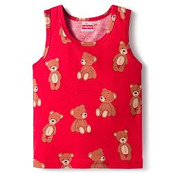 Babyhug 100% Cotton Knit Sleeveless Sando & Shorts Set with Bear Print - Red & Navy Blue