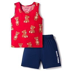 Babyhug 100% Cotton Knit Sleeveless Sando & Shorts Set with Bear Print - Red & Navy Blue