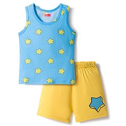 Babyhug 100% Cotton Knit Sleeveless Sando & Shorts Set with Star Print - Yellow & Light Blue