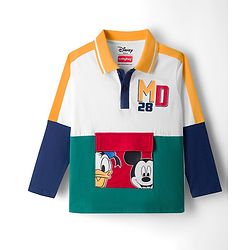 Babyhug Disney Single Jersey Knit Full Sleeves Cut & Sew Polo T-Shirt & Lounge Pant Set with Mickey & Friends Graphic - Blue