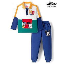 Babyhug Disney Single Jersey Knit Full Sleeves Cut & Sew Polo T-Shirt & Lounge Pant Set with Mickey & Friends Graphic - Blue