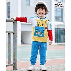 Babyhug Disney Terry Knit Full Sleeves Cut & Sew T-Shirt & Lounge Pant Set with Winnie Graphic & Pocket - Blue
