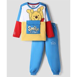 Babyhug Disney Terry Knit Full Sleeves Cut & Sew T-Shirt & Lounge Pant Set with Winnie Graphic & Pocket - Blue