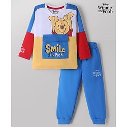 Babyhug Disney Terry Knit Full Sleeves Cut & Sew T-Shirt & Lounge Pant Set with Winnie Graphic & Pocket - Blue