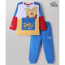 Babyhug Disney Terry Knit Full Sleeves Cut & Sew T-Shirt & Lounge Pant Set with Winnie Graphic & Pocket - Blue