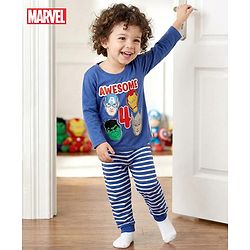 Babyhug Marvel Single Jersey Knit Full Sleeves Night Suit With Marvel Character Print - Navy Blue