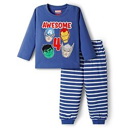 Babyhug Marvel Single Jersey Knit Full Sleeves Night Suit With Marvel Character Print - Navy Blue