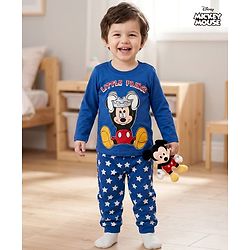 Babyhug Disney Single Jersey Knit Full Sleeves Night Suit With Mickey Mouse Print - Navy Blue