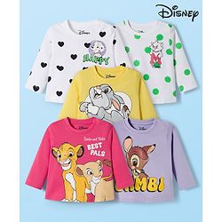 Babyhug Disney Single Jersey Knit Full Sleeves T-Shirts with Disney Character Graphic Pack of 5 - White Plum & Pink