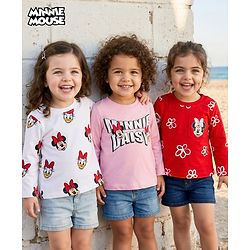 Babyhug Disney Single Jersey Knit Full Sleeves T-Shirt with Minnie & Friedns Graphic  Pack of  3 - Pink Red & White